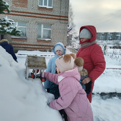 На улице зимой дети рассматривают кормушку, рядом стоит воспитатель.